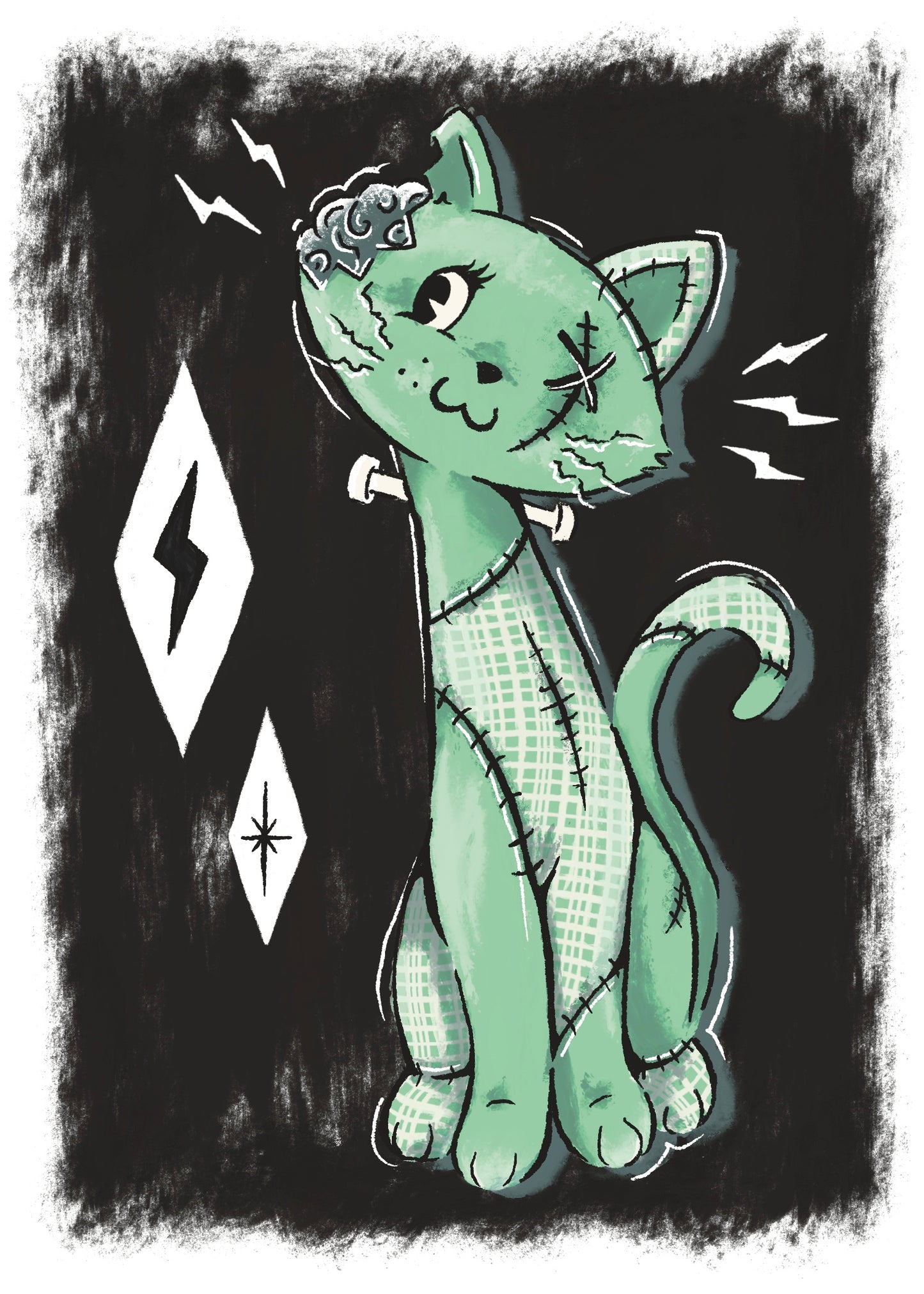 Retro Franken-Cat Print