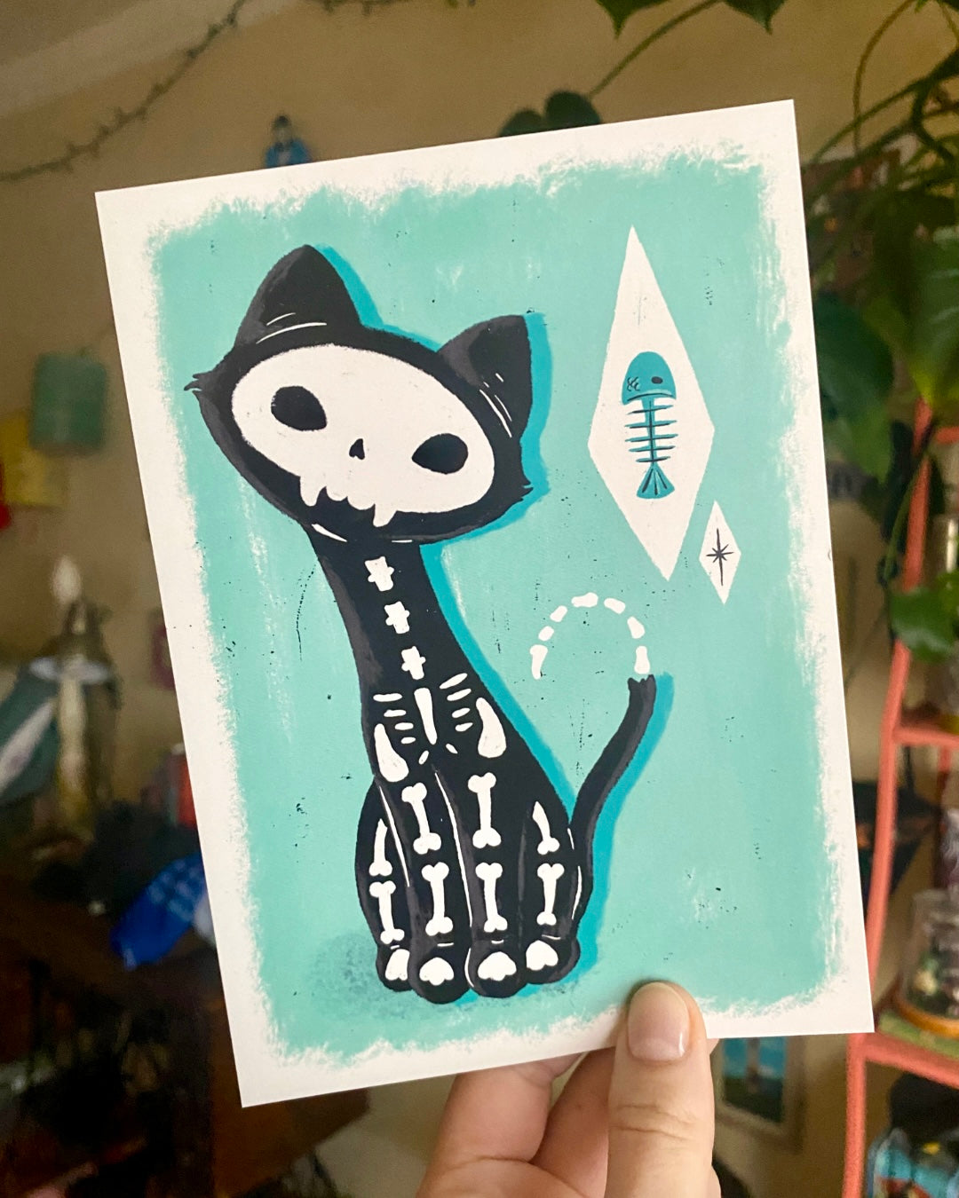 Retro Skeleton Cat Print