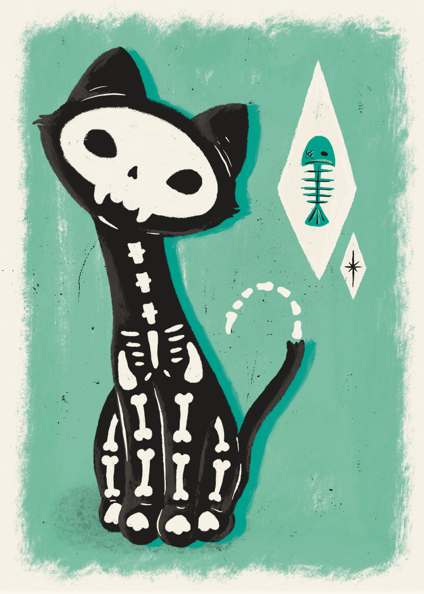 Retro Skeleton Cat Print